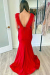 Mermaid Plunging V-Neck Red Feathers Long Prom Dress