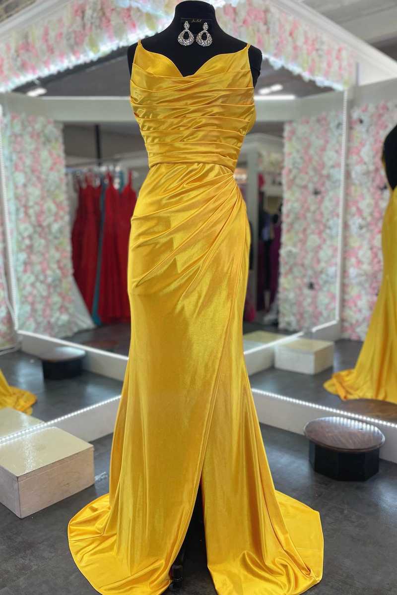 Mermaid Backless Yellow Ruched Long Prom Dress – FancyVestido