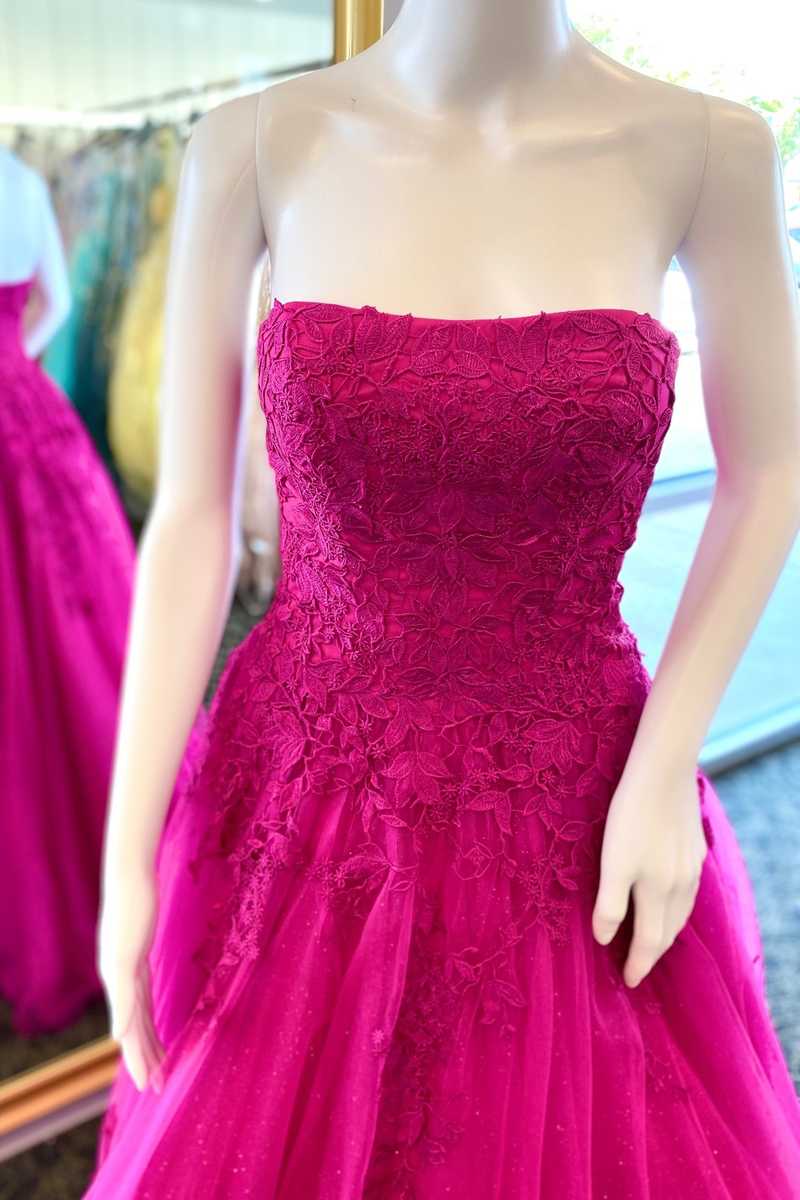 A-Line Strapless Fuchsia Appliques Long Formal Dress