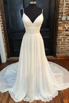 Lace Back White V-Neck A-Line Long Birdal Dress