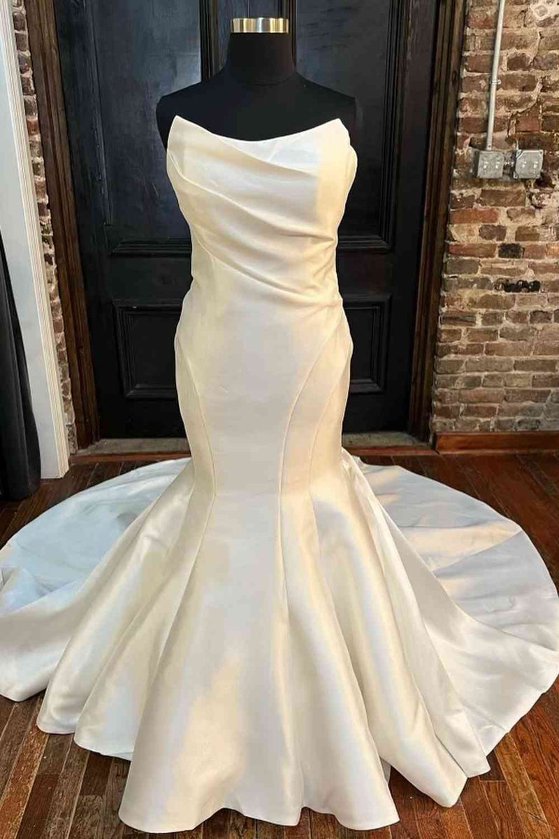 Elegant White Strapless Satin Mermaid Long Wedding Dress
