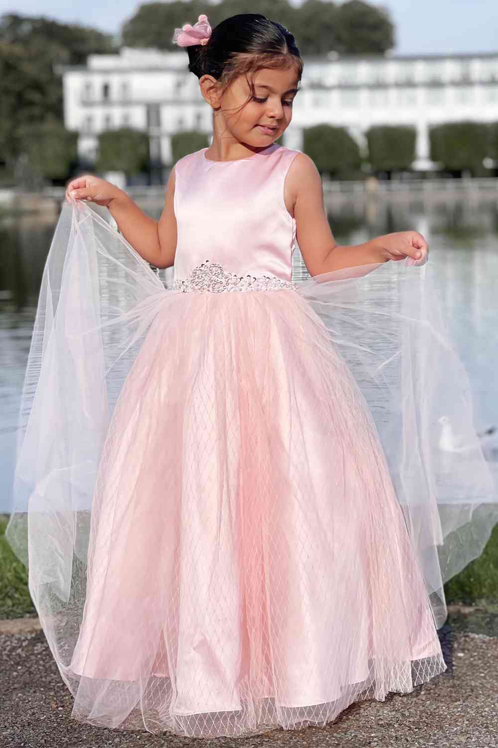 Princess Pink Crew Neck Long Flower Girl Dress with Beaded Belt