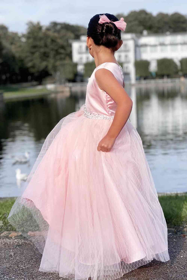 Princess Pink Crew Neck Long Flower Girl Dress with Beaded Belt