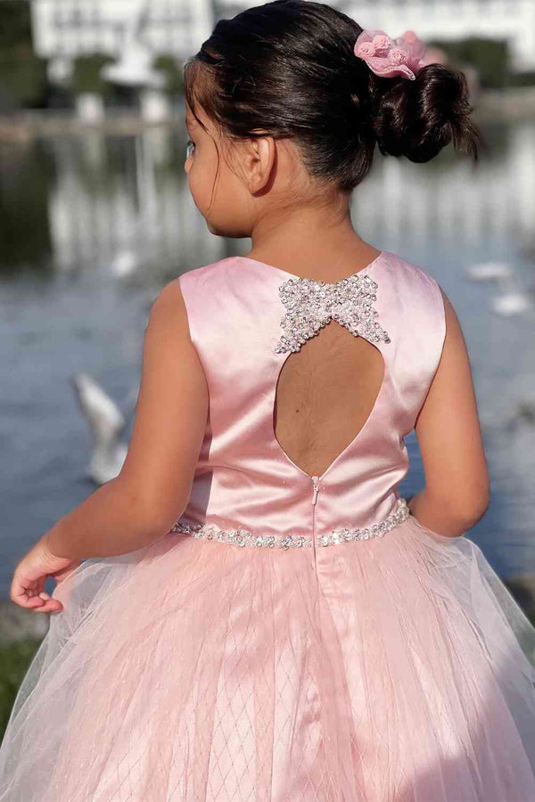 Princess Pink Crew Neck Long Flower Girl Dress with Beaded Belt