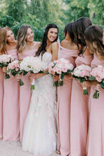 Off the Shoulder Pink Long Bridesmaid Dress with Slit