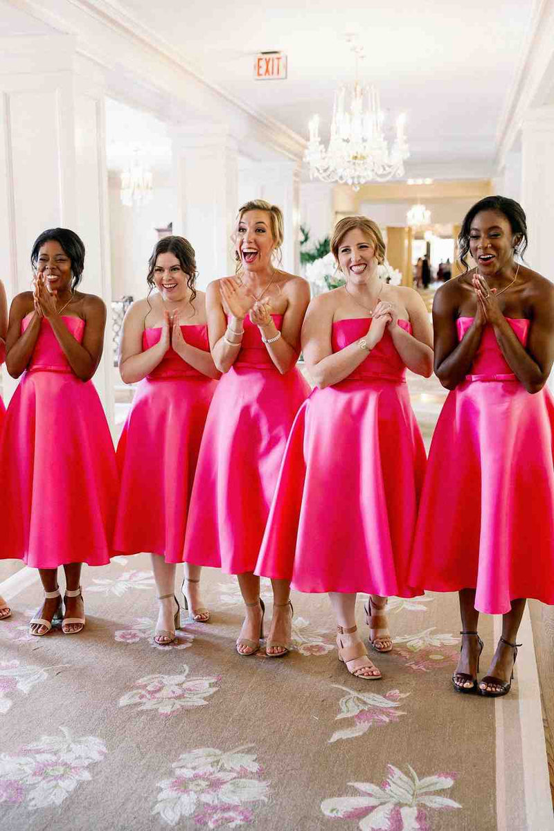 Tea Length A-Line Strapless Neon Pink Bridesmaid Dress