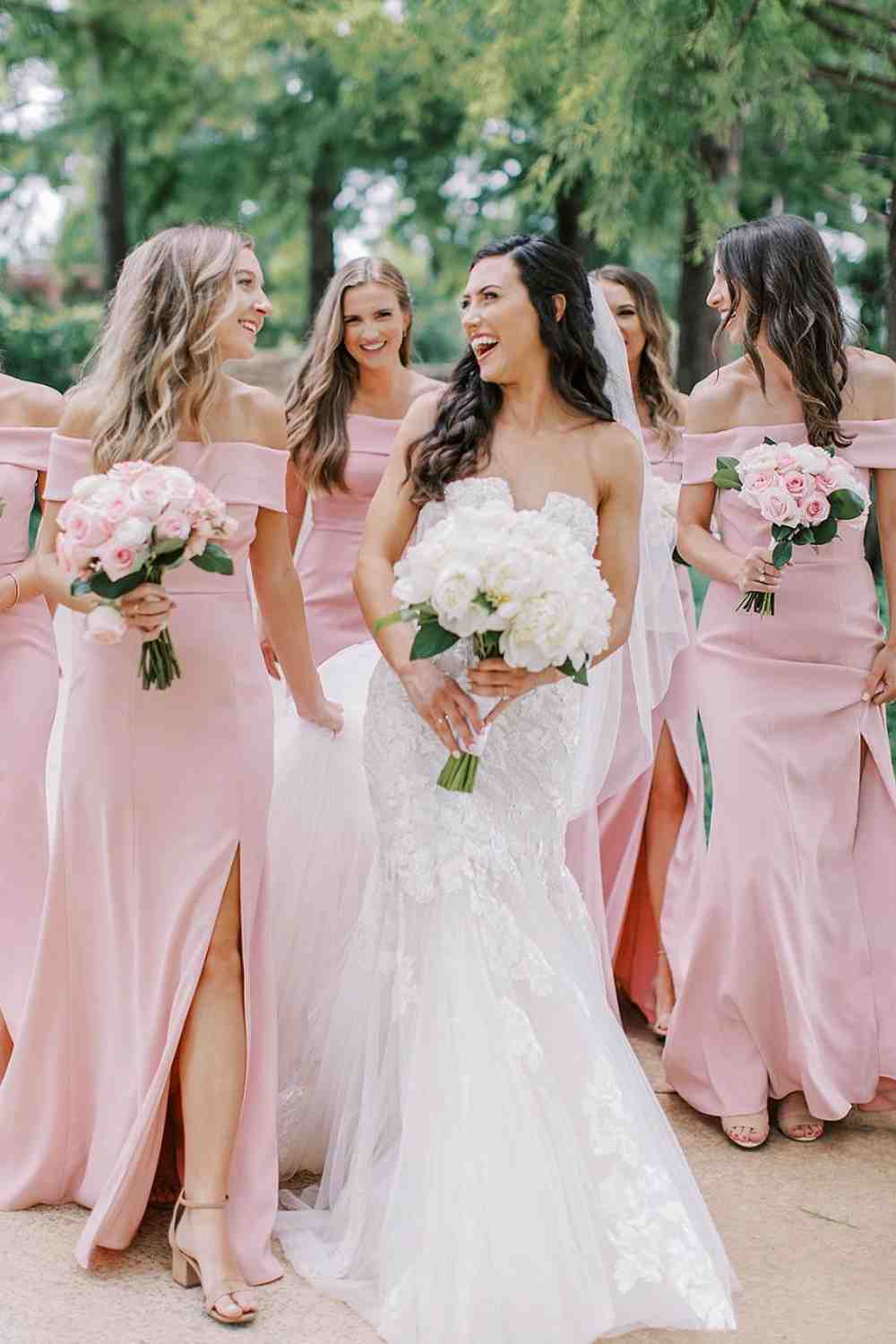 Off the Shoulder Pink Long Bridesmaid Dress with Slit – FancyVestido