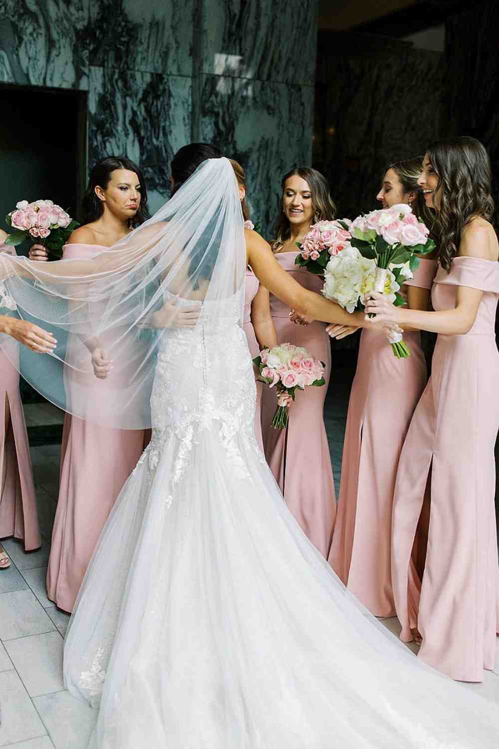Pink Off Shoulder V-Neck  Side Slit Long Bridesmaid Dresses, SFWG00421 main image 1