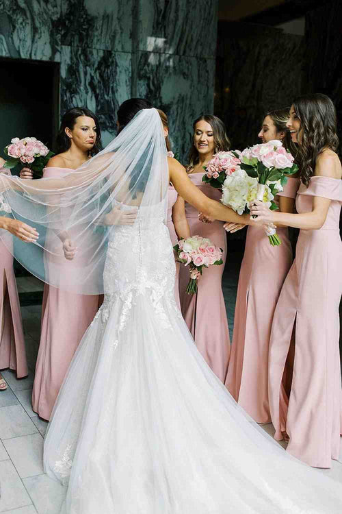 Off the Shoulder Pink Long Bridesmaid Dress with Slit