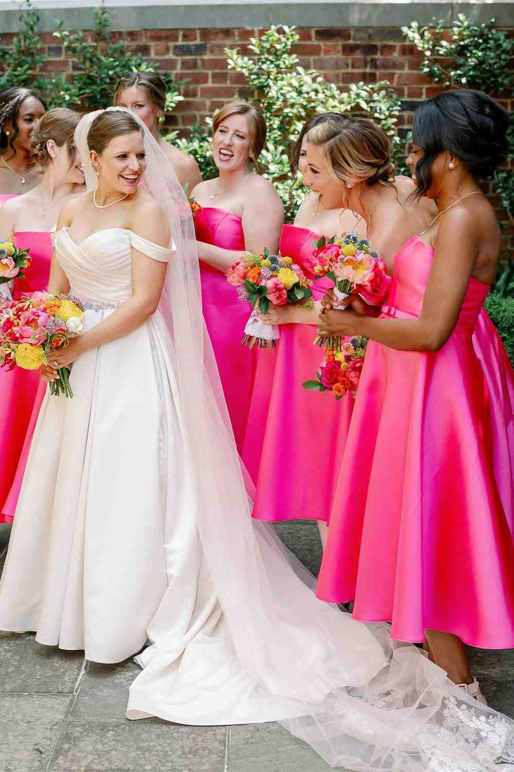 Tea Length A-Line Strapless Neon Pink Bridesmaid Dress FancyVestido Tea Length A-Line Strapless Neon Pink Bridesmaid Dress FancyVestido