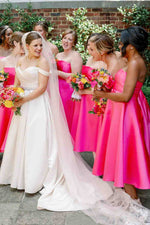 Tea Length A-Line Strapless Neon Pink Bridesmaid Dress