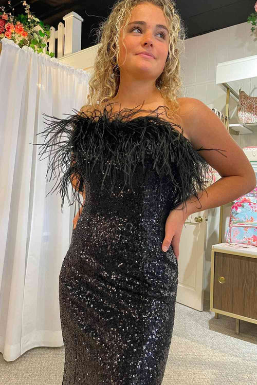 Black Strapless Feathers Long Prom Dress with Slit