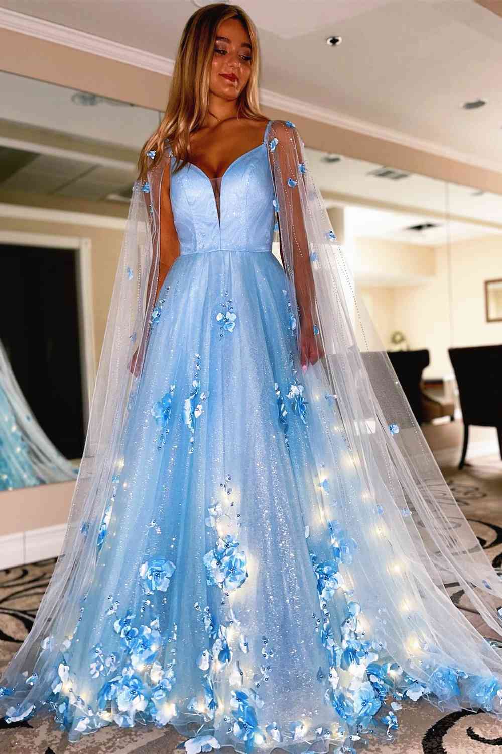 Princess Lavender 3D Flowers Tulle Formal Dress with Cape FancyVestido Princess Lavender 3D Flowers Tulle Formal Dress with Cape FancyVestido