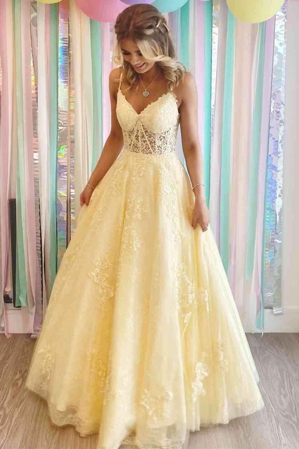 yellow lace v neck dress Lace-Up Yellow V-Neck Appliques A-Line Long Formal Dress – FancyVestido