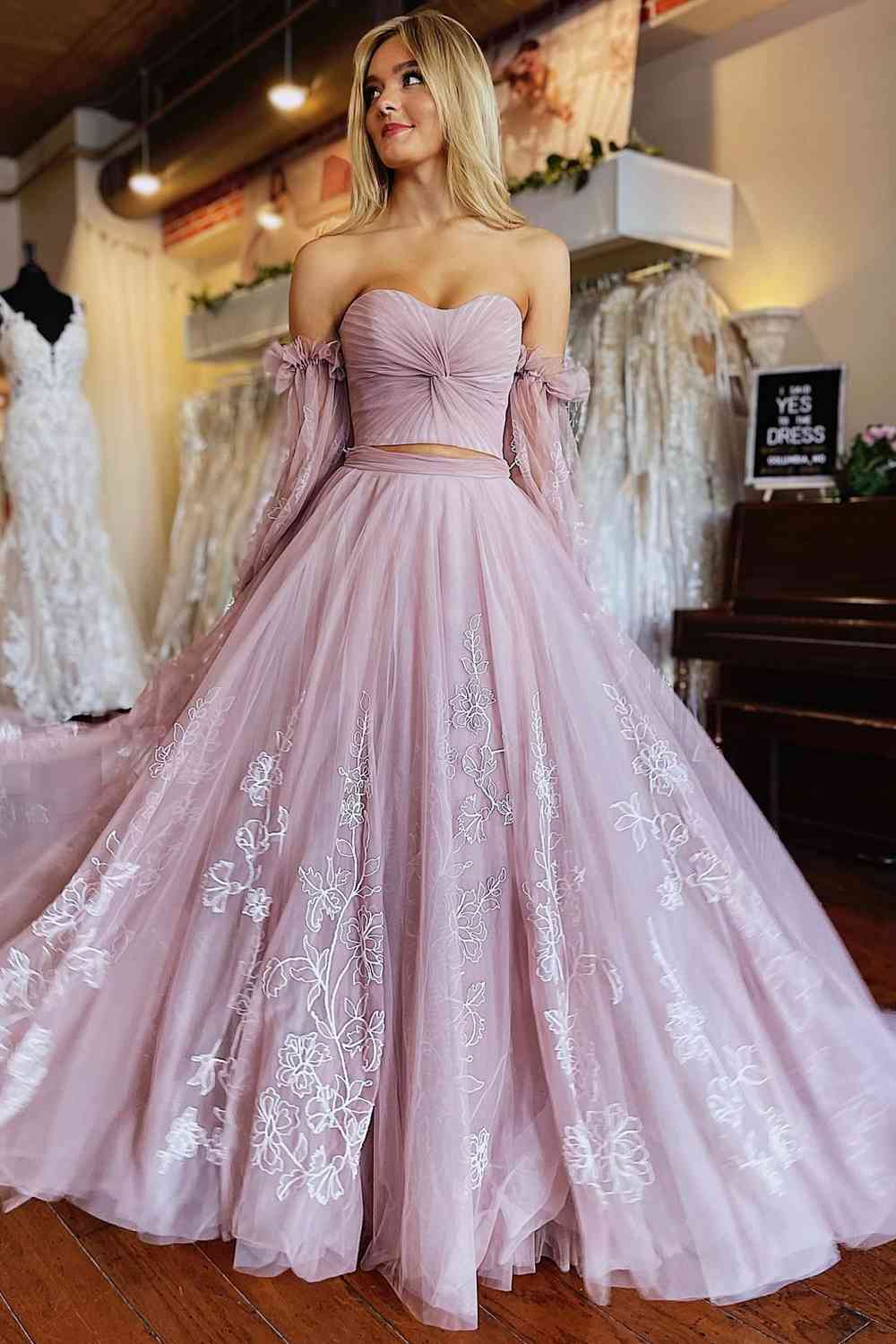 Two Piece Blush Pink Pleated Top Lace Long Prom Dress FancyVestido Two Piece Blush Pink Pleated Top Lace Long Prom Dress FancyVestido