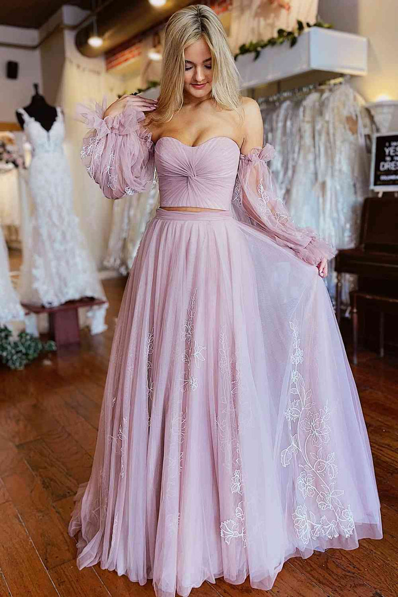 Two Piece Blush Pink Pleated Top Lace Long Prom Dress