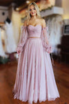 Two Piece Blush Pink Pleated Top Lace Long Prom Dress