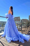 Princess Lavender Puff Sleeves Pleated Long Prom Dress