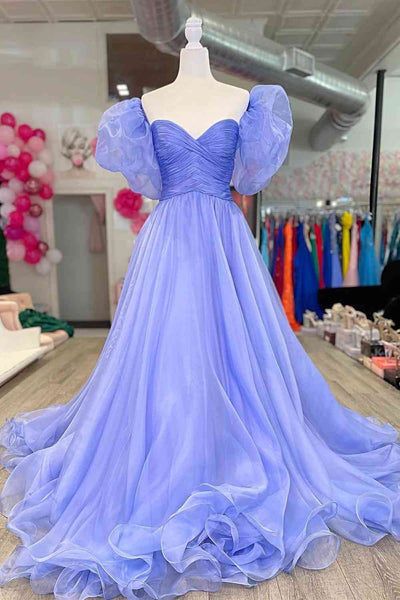 Princess Lavender Puff Sleeves Pleated Long Prom Dress