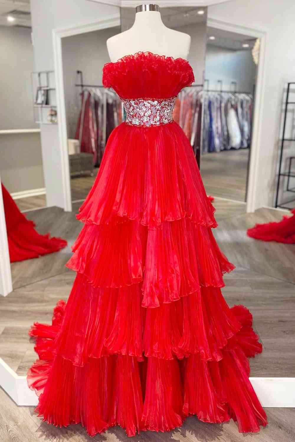 Red Pleated Ruffle Long Prom Dress with Crystal Belt FancyVestido