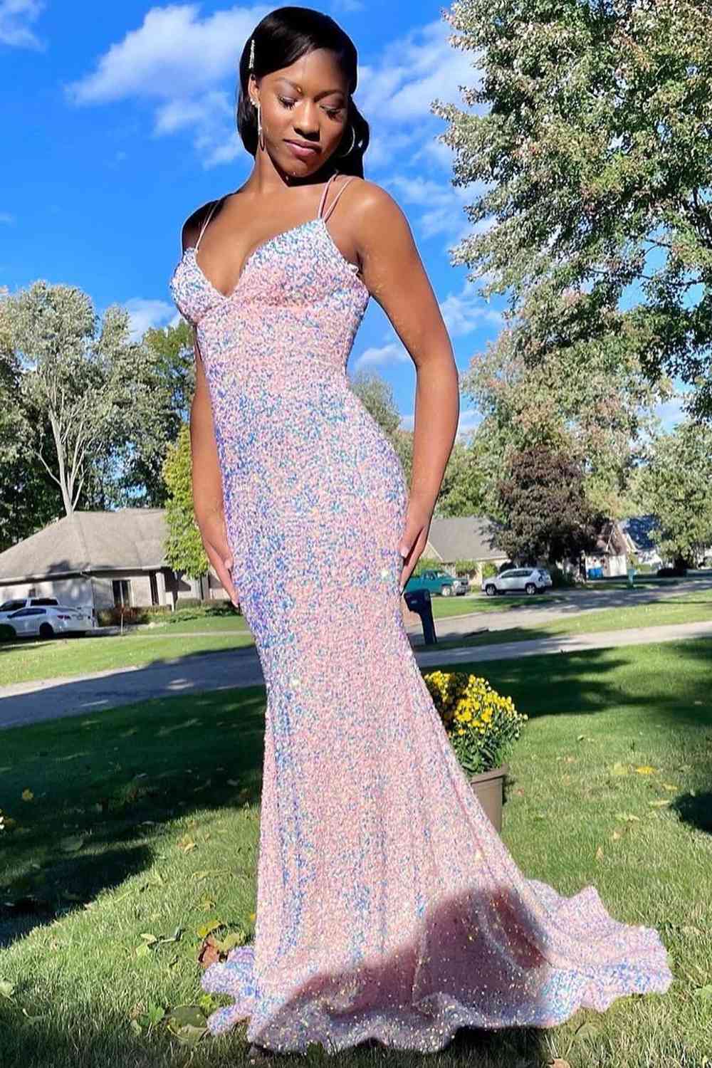 Lace-Up Pink V-Neck Sequined Long Prom Dress FancyVestido Lace-Up Pink V-Neck Sequined Long Prom Dress FancyVestido