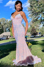 Lace-Up Pink V-Neck Sequined Long Prom Dress