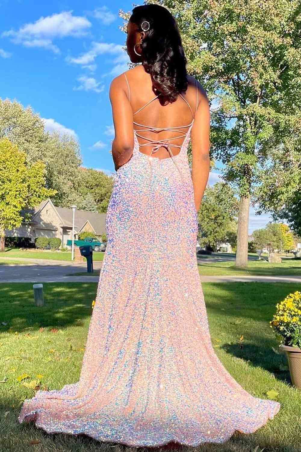 Lace-Up Pink V-Neck Sequined Long Prom Dress | FancyVestido