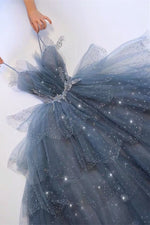 A-Line Princess Dusty Blue Beaded Long Formal Dress