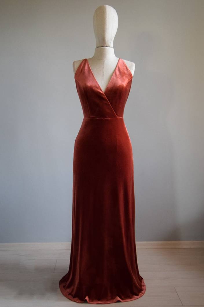 V-Neck Copper Velvet Long Bridesmaid Dress with Strap Back