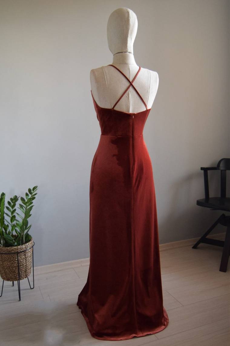 V-Neck Copper Velvet Long Bridesmaid Dress with Strap Back