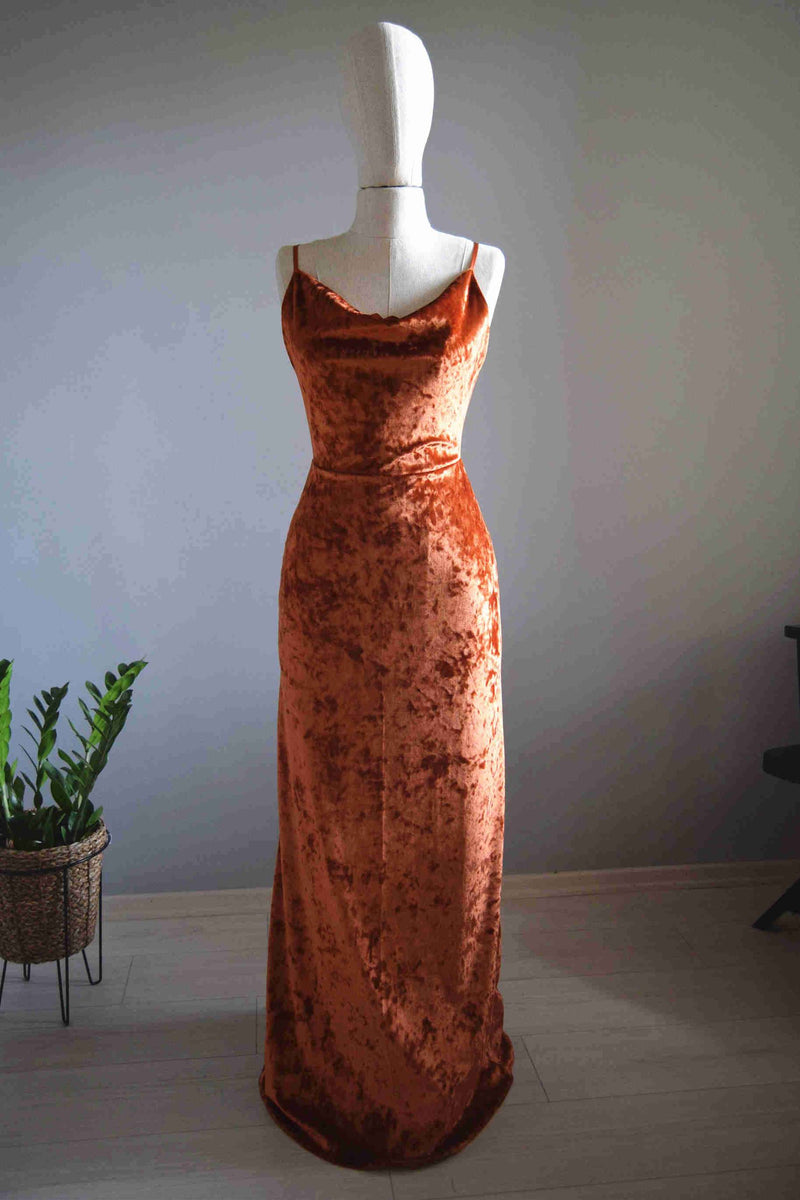 Cowl Neck Straps Burnt Orange Velvet Long Bridesmaid Dress