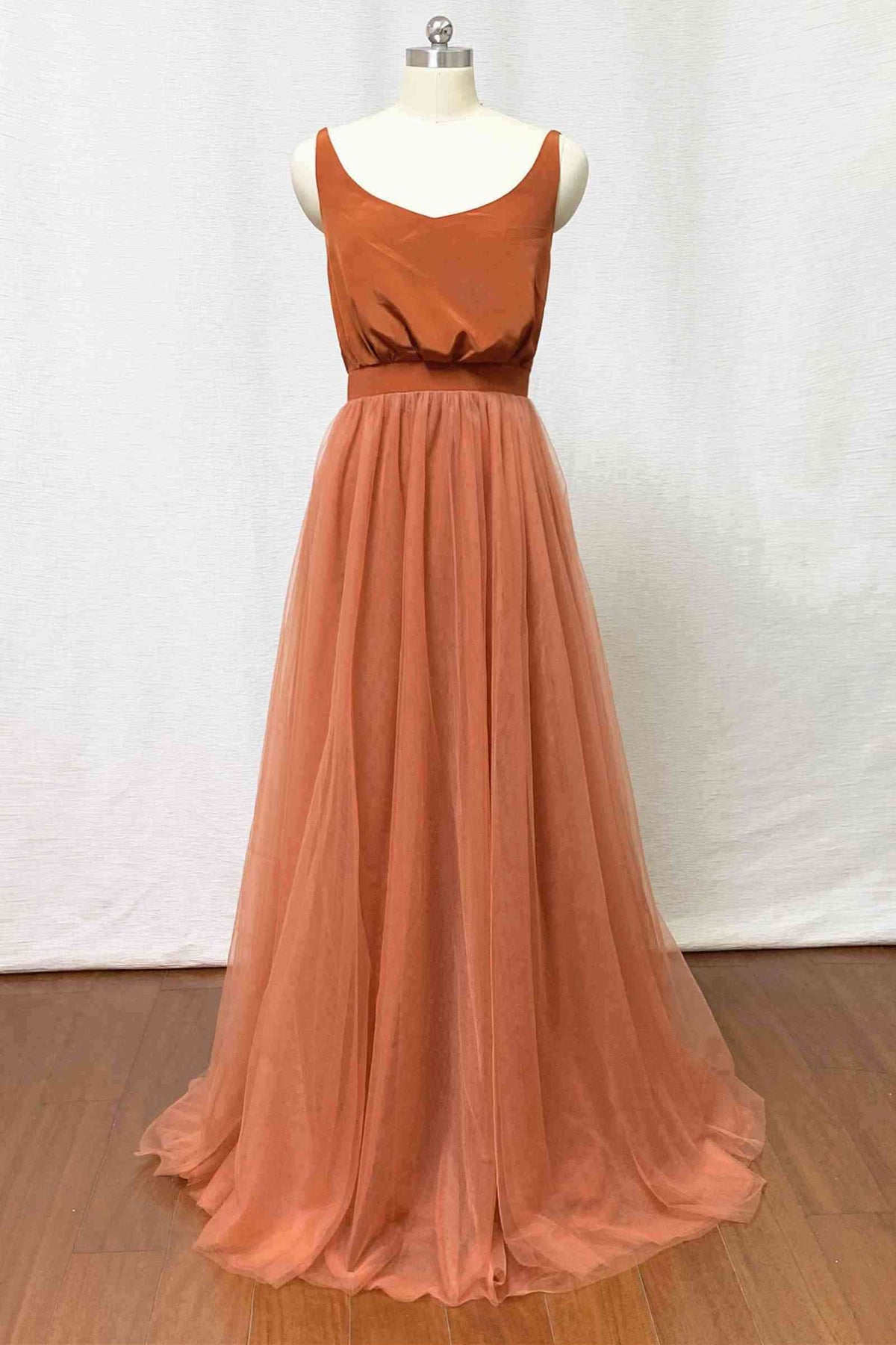 Burnt Orange Scoop Neck Satin Top Long Bridesmaid Dress