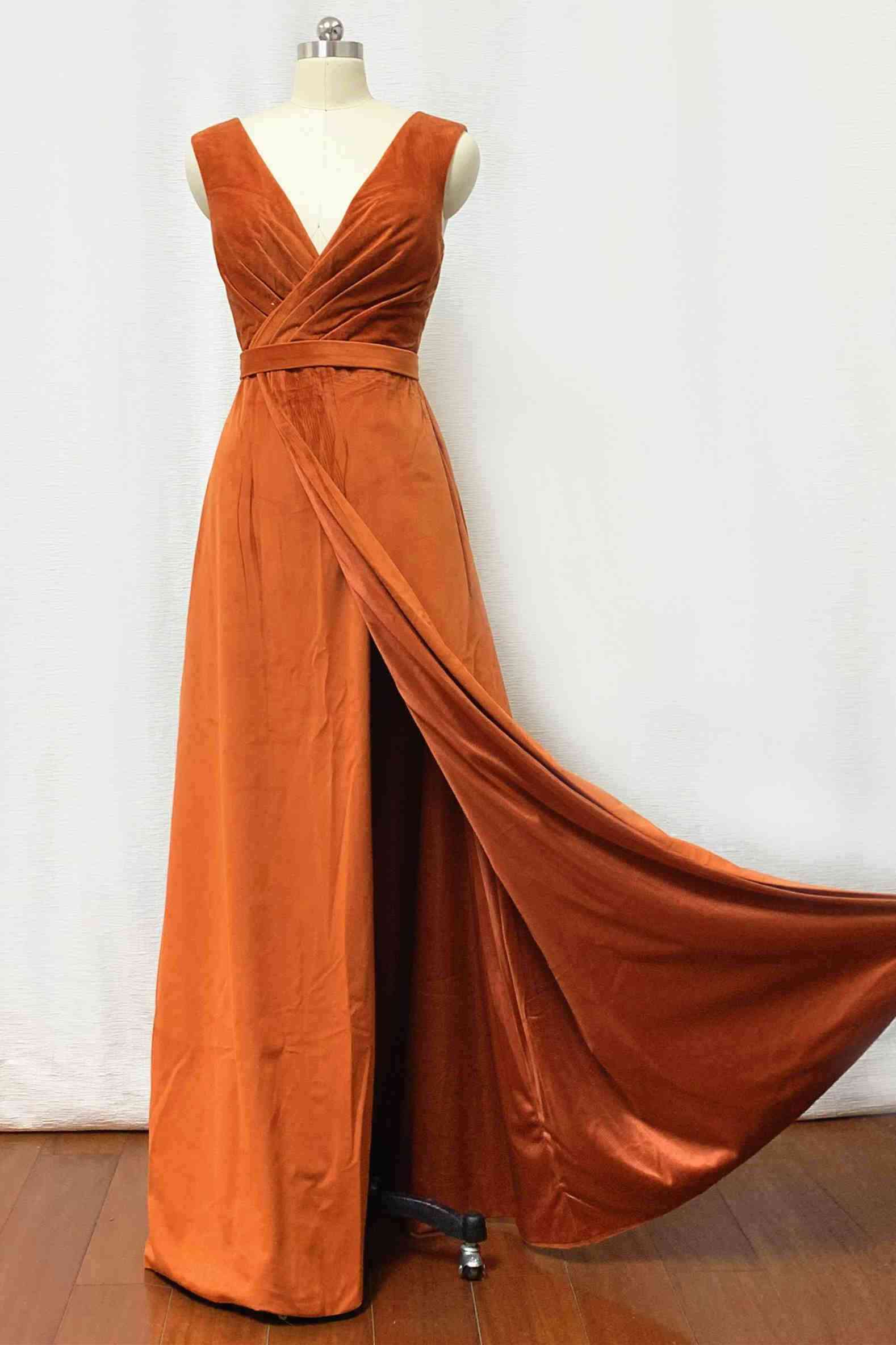 Burnt Oramge Pleated V-Neck Velvet Bridesmaid Dress with Belt FancyVestido Burnt Oramge Pleated V-Neck Velvet Bridesmaid Dress with Belt FancyVestido
