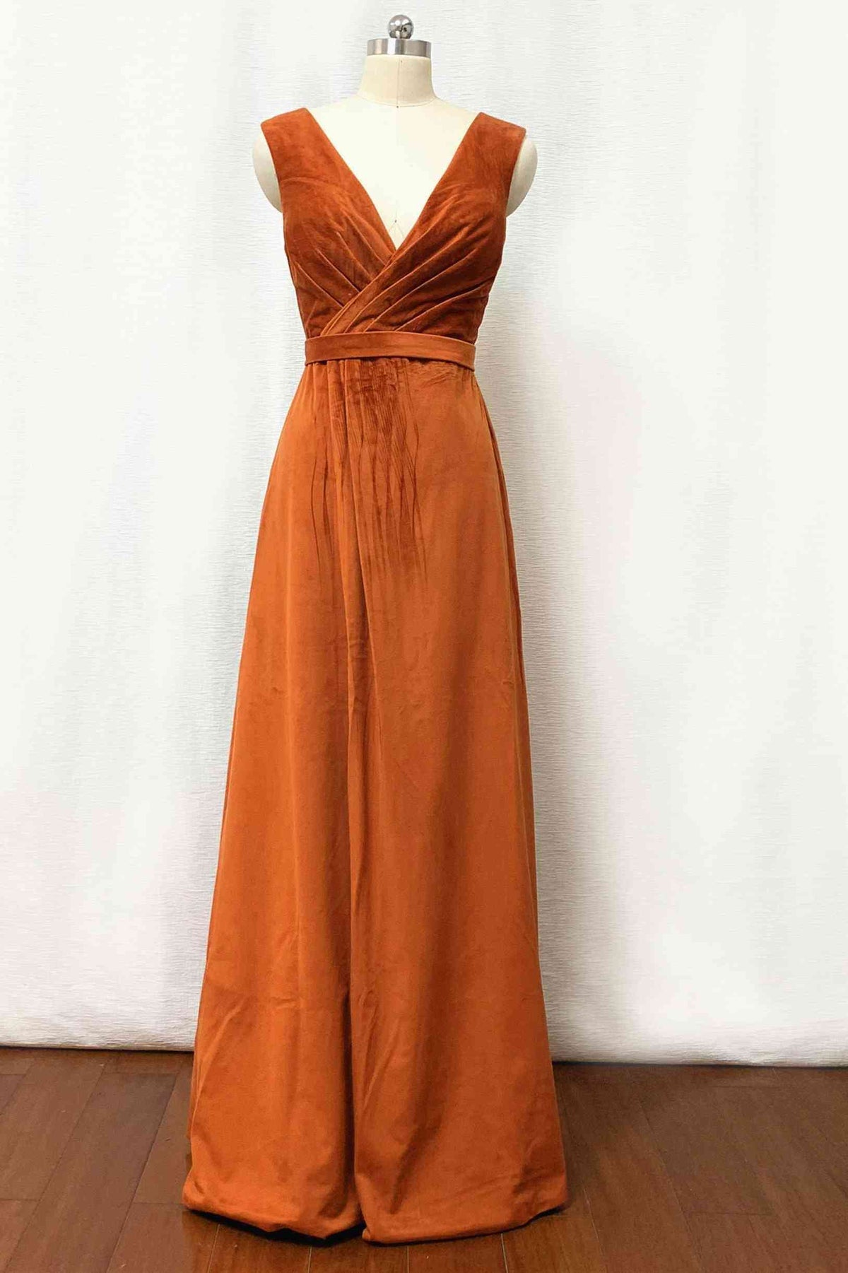 Burnt Oramge Pleated V-Neck Velvet Bridesmaid Dress with Belt