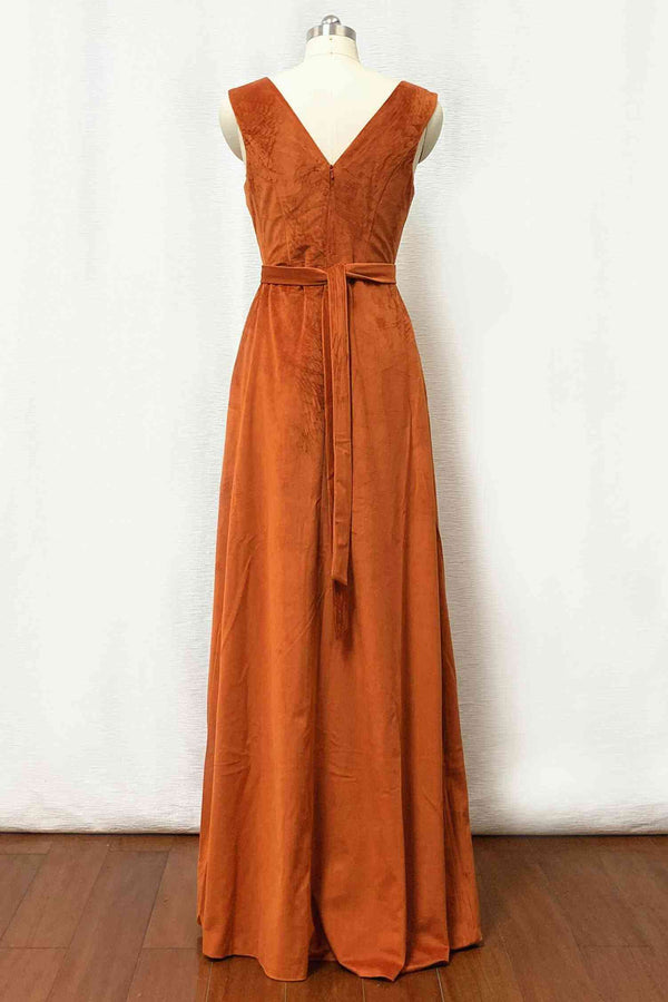 Burnt Oramge Pleated V-Neck Velvet Bridesmaid Dress with Belt
