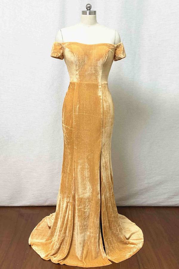 Off-the-Shoulder Gold Mermaid Velvet Bridesmaid Dress