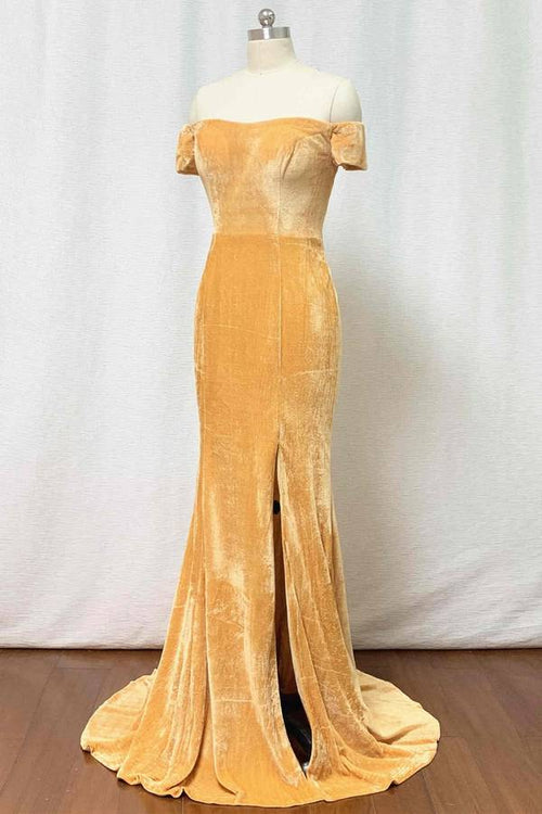 Off-the-Shoulder Gold Mermaid Velvet Bridesmaid Dress