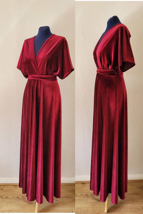 V-Neck Burgundy Velvet Long Bridesmaid Dress