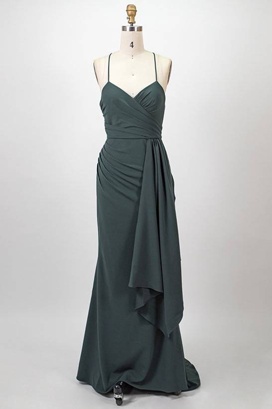 Straps Dark Green Pleated Long Bridesmaid Dress