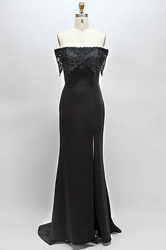 Black Lace Off-the Shoulder Long Bridesmaid Dress with Slit