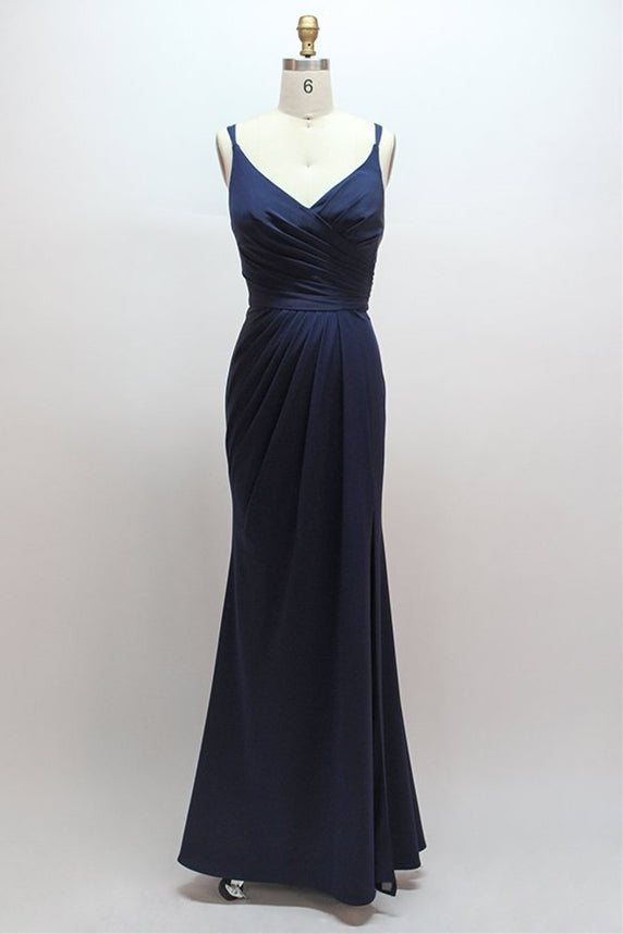 blue dress for baby girl Wedtrend Dark Navy A Line V Neck Floor Length Long Chiffon Bridesmaid Dress with Slit Wedding Party Dress, Dark Navy / US16