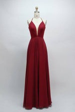 Lace-Up Plunging Neck Burgundy Long Bridesmaid Dress