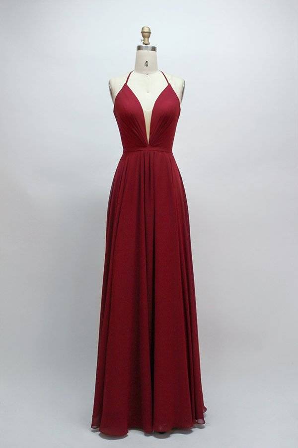 Lace-Up Plunging Neck Burgundy Long Bridesmaid Dress