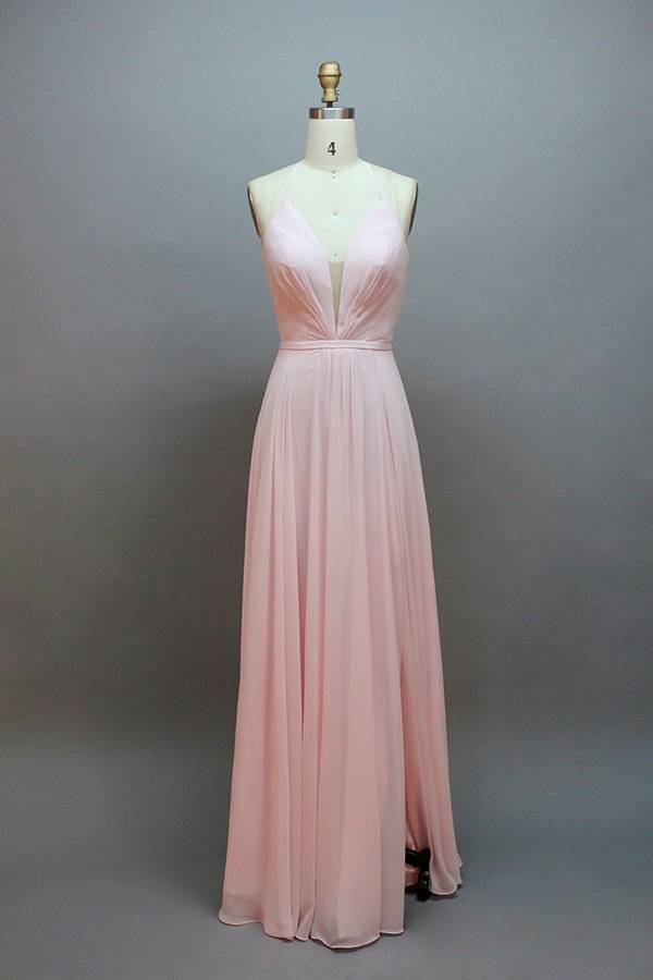 Lace-Up Plunging Neck Burgundy Long Bridesmaid Dress