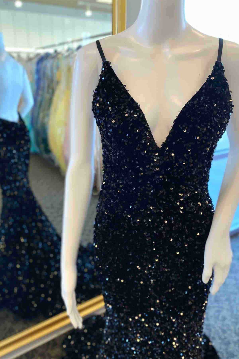 Backless Mermaid Long Black Sequins Prom Dress