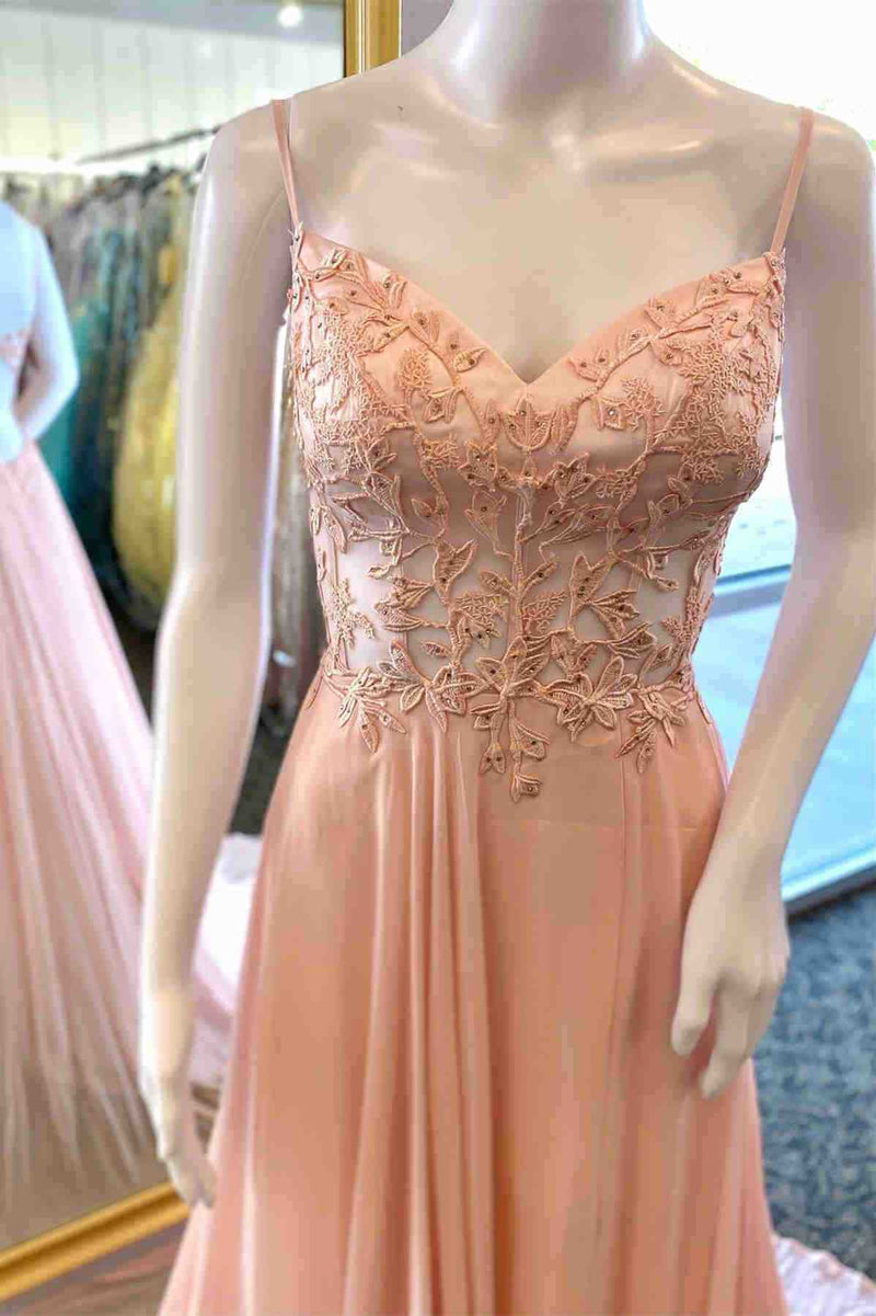 Straps A-Line Pink Lace Long Prom Dress with Appliques Top
