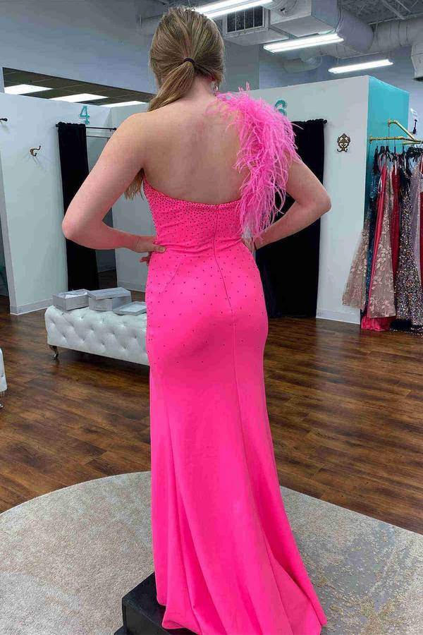 Beaded One-Shoulder Hot Pink Long Formal Dress with Feathers