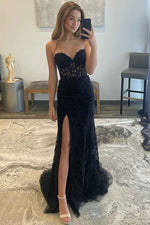Strapless Black Corset Lace Long Prom Dress with Slit