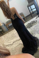 Strapless Black Corset Lace Long Prom Dress with Slit-Back