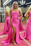 Strapless Hot Pink Pleated Long Prom Dress with Slit